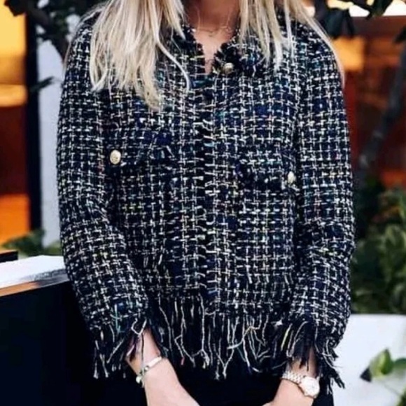 Zara Black Tweed Blazer Fringe Trim size XS - Picture 9 of 13